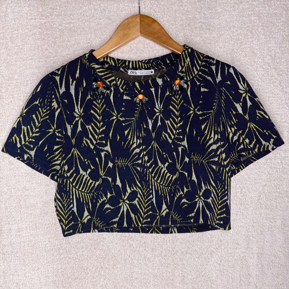 Zara Women's M Navy Floral Jacquard Cropped Top Jeweled Embellished Short Sleeve